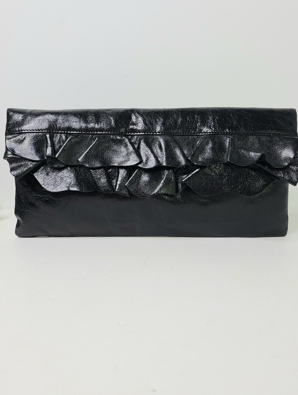 HOBO International Black Genuine Leather Ruffle Clutch Bag